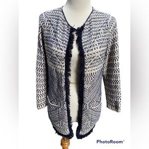 Vintage LUCKY BRAND Shacket Blue & Cream Aztec Fringed Open Cardigan Size M